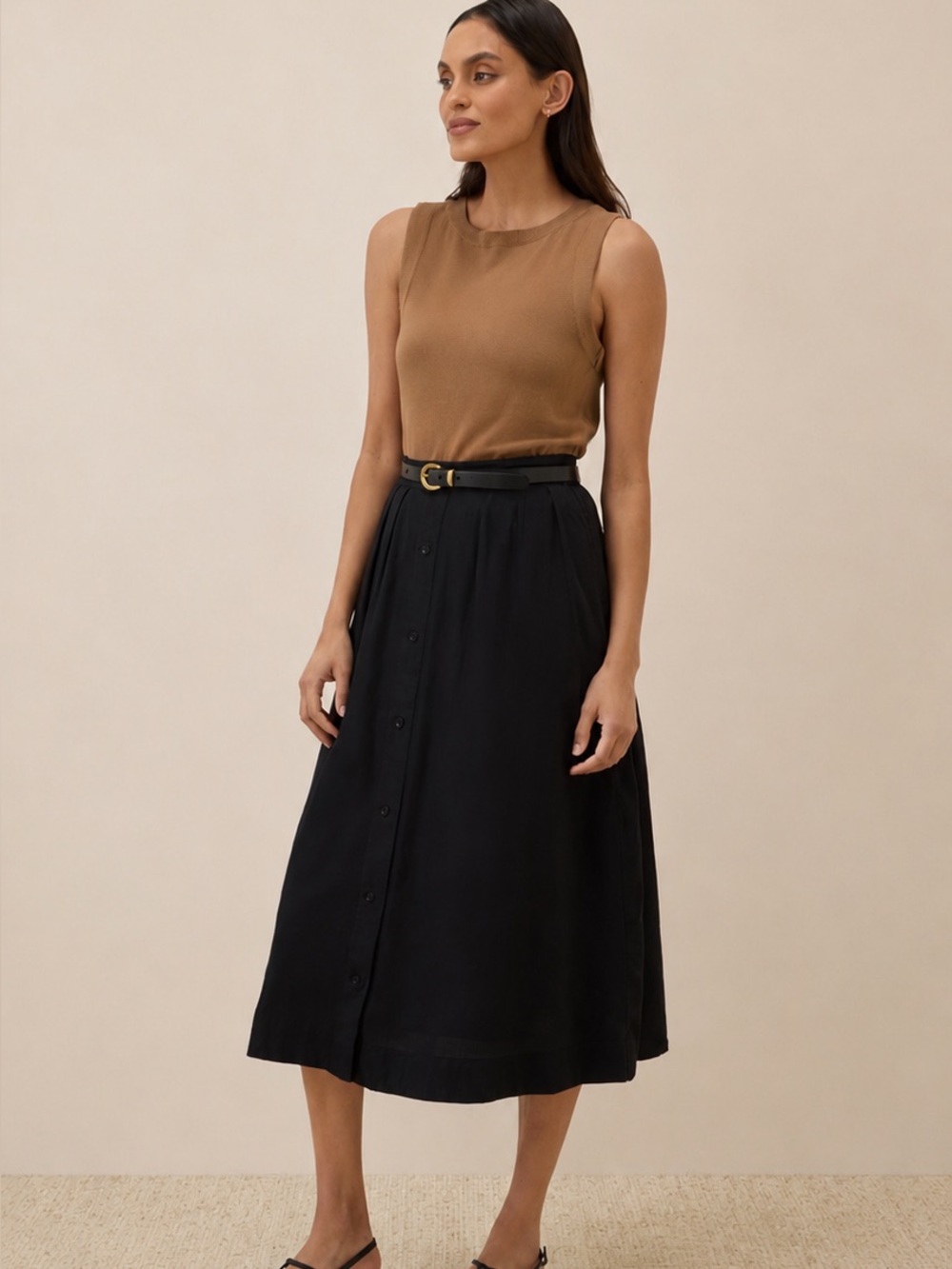 Pact Organic Cotton Gauze Button Front Midi Skirt Black Medium